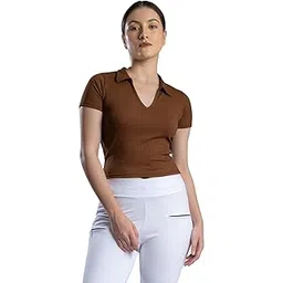 pyr8 Solid V-Neck Shirt Collared Short Sleeves Regular Fit Casual Stripped Top for Women-picture-16