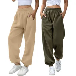 q-rious Pack of 2 Women Solid Beige, Olive Track Pants image 1