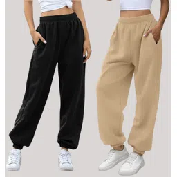 q-rious Pack of 2 Women Solid Black, Beige Track Pants-picture-12