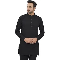 qashida Men's Cotton Solid Full Sleeve Above Knee Mandarin Neck Kurta – Modern Ethnic Wear for Men, Black-picture-30