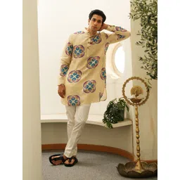 QB MEN Men Floral Printed Mandairan Coller Thread Work Floral Raw Silk Kurta-picture-21