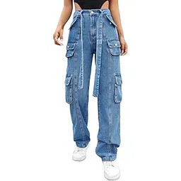 qeboo Collection Women Cargo Jeans | High Waist Stretchable Wide Leg Loose Fit Denim| Boyfriend Cargo Jeans for Women-picture-11