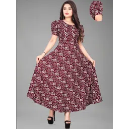 QENA Floral Print Puff Sleeve Applique Fit & Flare Midi Dress-picture-16