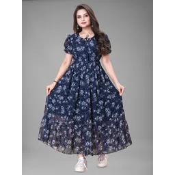 QENA Floral Printed Tie-Up Neck Puff Sleeve Georgette Fit & Flare Maxi Dress-picture-31