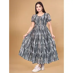 QENA Women Abstract Printed Round Neck Puff Sleeve Georgette Fit & Flare Midi Dress-picture-40