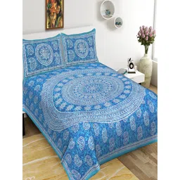 Qfab Blue & White Ethnic Motifs Cotton 144 TC Queen Bedsheet with 2 Pillow Covers-picture-14