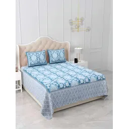 Qfab Blue & White Floral Cotton 260 TC King Bedsheet with 2 Pillow Covers-picture-38