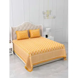 Qfab Yellow & White Floral Printed Cotton 250 TC King Bedsheet With 2 Pillow Covers-picture-37