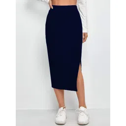 QIOA Below Knee Slit Pencil Midi Skirt-picture-26