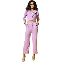 qioa Lavender Women's Solid Polyester Co-Ord Set – Stylish Cropped Blazer and Trouser Set-picture-12