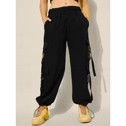 QIOA Women Solid Relaxed Loose Fit High-Rise Cargos Trousers-picture-25