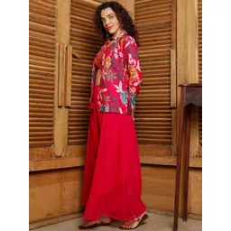 QISSA Floral Printed Shoulder Strap Neck Crop Top & Jacket With Palazzos-picture-27