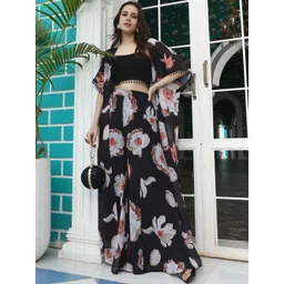 QISSA Floral Printed Shoulder strap Neck Crop Top & Shrug With Skirt Co-Ords-picture-28
