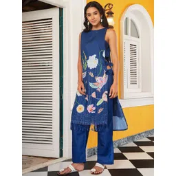 QISSA Floral Printed Sleeveless Boat Neck Straight Kurta With Trousers-picture-26