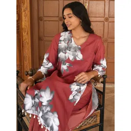 QISSA Floral Printed V-Neck A-Line Kurta With Trousers image 2
