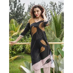 QISSA Floral Printed V-Neck Linen Straight Kurta with Trousers-picture-14