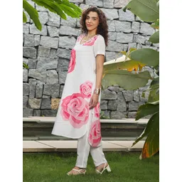 QISSA Floral Printed V-Neck Straight Kurta with Trousers-picture-13