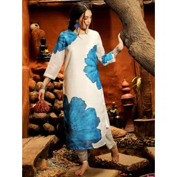 QISSA Round Neck Floral Printed Regular Linen Straight Kurta with Trousers-picture-31