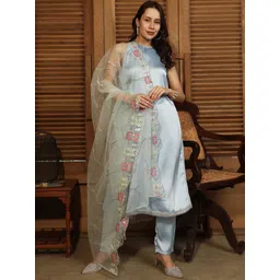 QISSA Women Solid Satin Kurta with Trousers & Dupatta-picture-15
