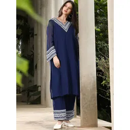 QISSA Women V-Neck Regular Kurta with Trousers-picture-36
