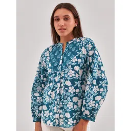 QOMN Floral Print Mandarin Collar Puff Sleeve Cotton Shirt Style Top-picture-31