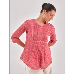 QOMN Pink Printed Pure Cotton A-Line Top-picture-22