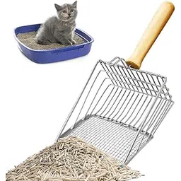 Qpets Cat Litter Scoop, Metal Cat Litter Scooper Wooden Handle Fast Sifter Cat Litter Scoop, Poop Scooper 2 Kinds of Sifter Hole for 3-10MM Clumping Clay Cat Litter Scoop-image-3