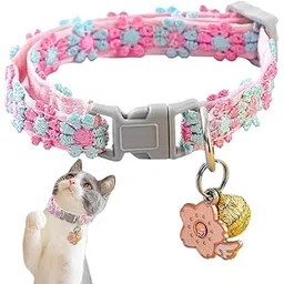Qpets Floral Cat Collar, Cute Color Flower Cat Collar With Bell, Embroidery Handmade Sakura Charm Adjustable Quick Release Small Pet Collar,Floral Pink-image-4