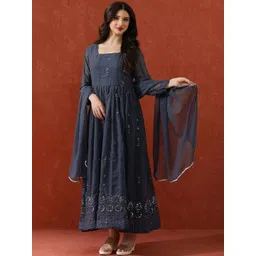 QSH Embroidered Square Neck Fit & Flared Maxi Ethnic Dress With Dupatta-picture-11