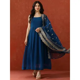 QSH Embroidered Square Neck Fit & Flared Maxi Ethnic Dress With Dupatta-picture-12