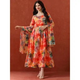 QSH Printed Fit & Flared Maxi Ethnic Dresses With Dupatta-picture-34