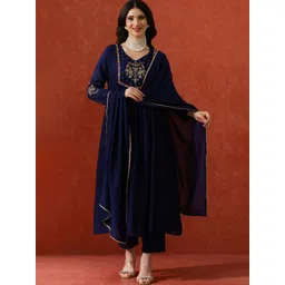 QSH Women Ethnic Motifs Embroidered V-Neck A-Line Knee Length Kurta Trousers With Dupatta-picture-15