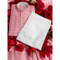 Qtsy Boys Floral Embroidered Chikankari Band Collar Pure Cotton Straight Kurta With Pyjama-picture-51