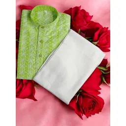 Qtsy Boys Floral Embroidered Chikankari Band Collar Pure Cotton Straight Kurta With Pyjama-picture-47