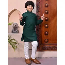 Qtsy Boys Floral Embroidered Mirror Work Pure Cotton Kurta With Pyjamas-picture-48