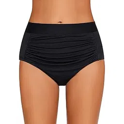 quecy Women's High Waist Ruched Bikini Bottom Solid Swim Shorts Tankini Brief Black-Black-XL-picture-40
