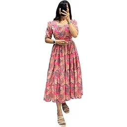 queens world Women’s Cotton Hakuba Maxi Dress | Trendy Floral Printed Anarkali Style Long Dress | Round Neck Short Sleeve Casual Gown for Girls & Ladies-picture-25