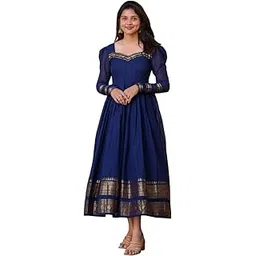queens world Women's Silk Cotton Maxi Dress, Navy Blue with Gold Jacquard Border, Full Length, Long Sleeves Dress-picture-33