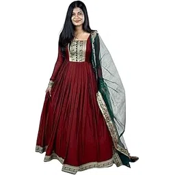 queens world Women's Vichitra Silk Jacquard Gown with Zari Border, Soft Net Dupatta with Lace Border-picture-39
