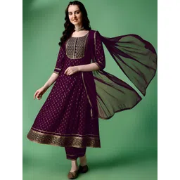 QUEENSFAB Ethnic Motifs Yoke Design Panelled Gotta Patti Kurta With Trousers & Dupatta-picture-10