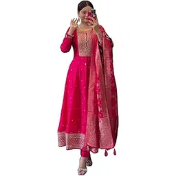 quick buy hub Womens Banana Silk With Golden Zari Work Full Sleeves V-Neck Flared Kurti With Pant And Banarasi Silk Dupatta 3-Piece ethnic Wear (Red)-picture-27