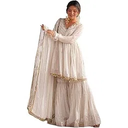 quick buy hub Womens Mal Chanderi With Handwork Real Mirror Work Full Sleeves V-Neck Flared Kurti With Palazzo And Dupatta 3-Piece Ethnic Wear-picture-11