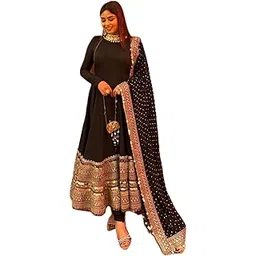 quick buy hub Womens Roman Silk With Codding Sequence Work Full Sleeves Round Neck Flared Kurti With Natural Crepe Pants And Faux Georgette Dupatta 3-Piece Ethnic Wear image 1