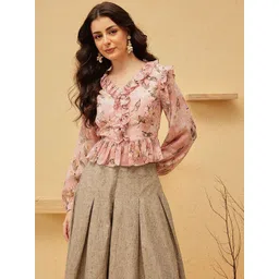 QUIERO BLUES Women Floral Print Ruffles Georgette Peplum Crop Top-picture-19