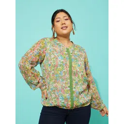 QUIERO MAS Plus Size Floral Printed Mandarin Collar Cuffed Sleeves Georgette Blouson Top-picture-32