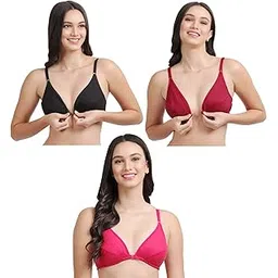 QUME99 Women's Front Open Bra for Women, Girls, and ladies Pack of 3 Pieces Cotton Fabric Black Pink Maroon Color Non-Padded bra Full Coverage Front Closser-picture-56
