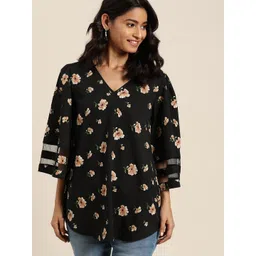 Qurvii Black & Beige Floral Printed Flared Sleeves Crepe Top-image-27