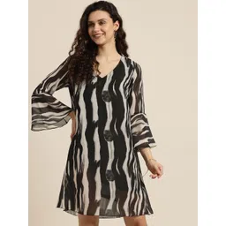 Qurvii Black Georgette Abstract Printed A-Line Dress-image-26