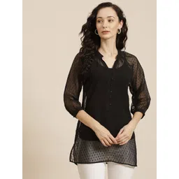 Qurvii Black Swiss Dot Georgette Longline Top-picture-37