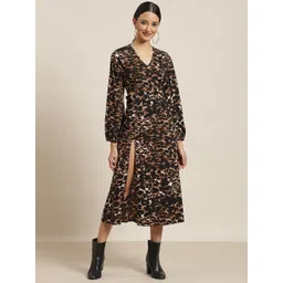 Qurvii Brown & Black Animal Printed A-Line Midi Dress-image-30